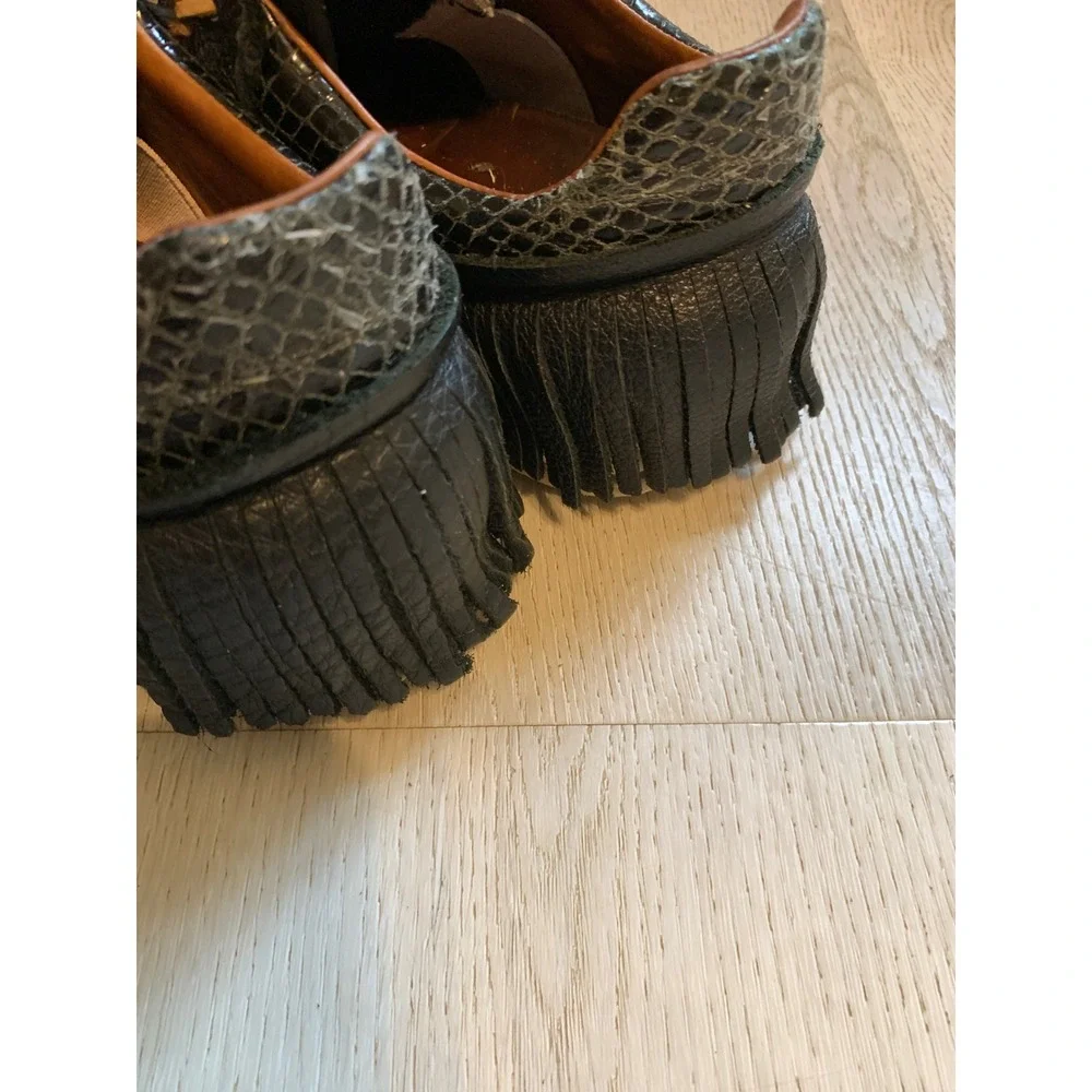 Esse Ut Esse Black Leather Fringe Sneakers Snakeskin Trim Made in Italy Size 39